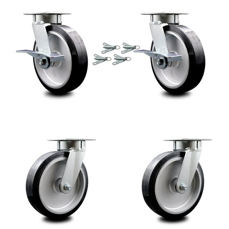 8 Inch Kingpinless Rubber on Aluminum Wheel Caster Swivel Locks 2 Brakes 4PK